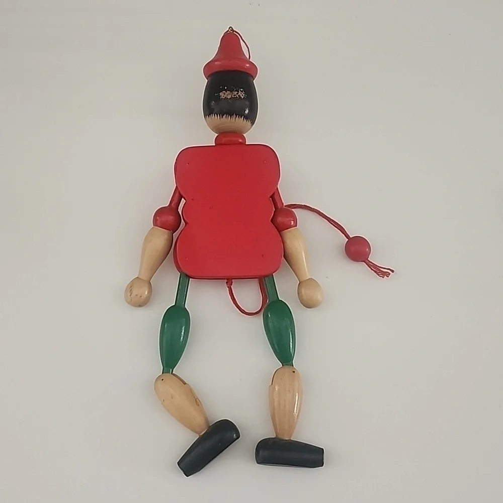 Vintage Pinocchio Italian Wooden Pull String Puppet Toy 12” Jumping Jack Figure